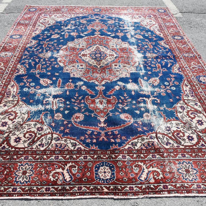Blue Persian Rug, Handmade Patchwork 7.7x10.8 Ft for wholesale by Vintage Rugs Loom