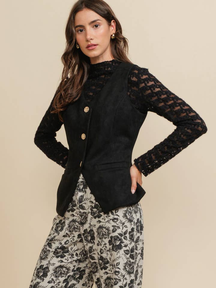 A & SHE - Wholesale Jacket - Women's - V-Neck Gold Button Down Suede Western Vest with Welt Pockets1