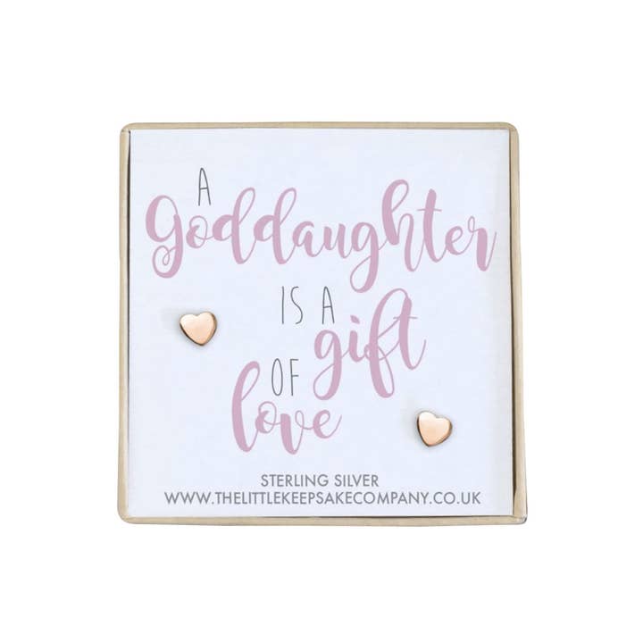 Pendientes de oro rosa bañado en plata bañada en oro rosa con texto en forma de «Una ahijada es un regalo de amor» para venta al por mayor de The Little Keepsake Company