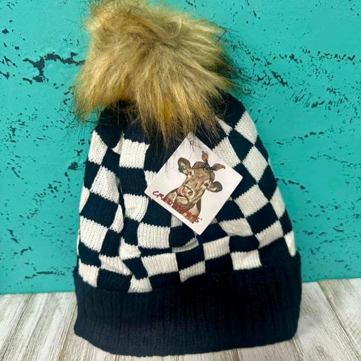 Crazy Heifers Wholesale - Wholesale Beanie – Women's - Checkered Fur Pom Beanies