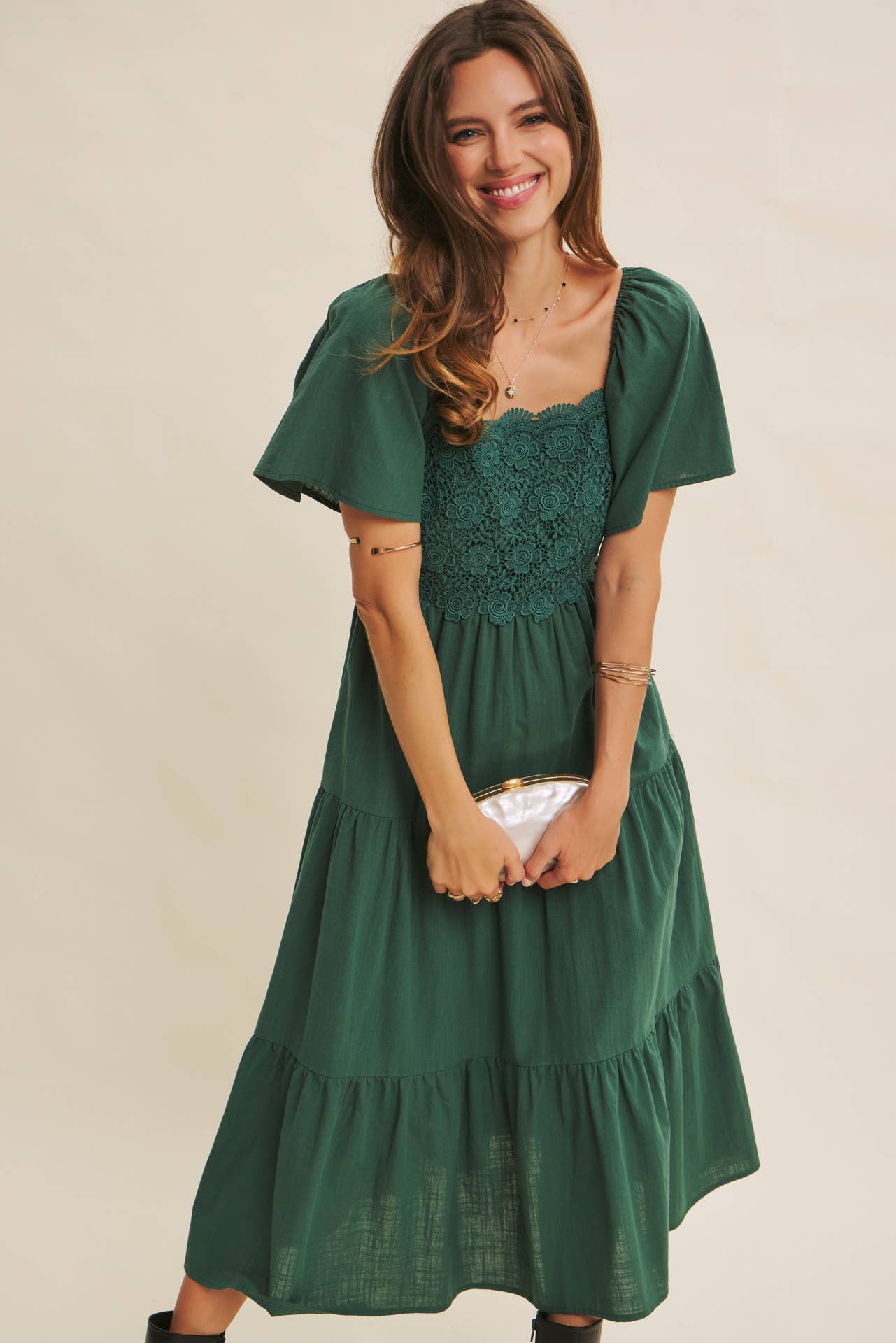 in february - Wholesale Dress - Women's - ESSENCE OF FALL TIERED CROCHET MIDI DRESS WITH FLUTTER SLVS20