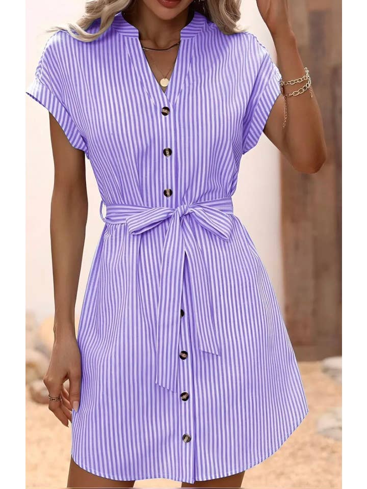 LOOWIE - Wholesale Dress - Women's - D640 Purple Striped Cotton Shirt Dress Short Sleeves LOOWIE2