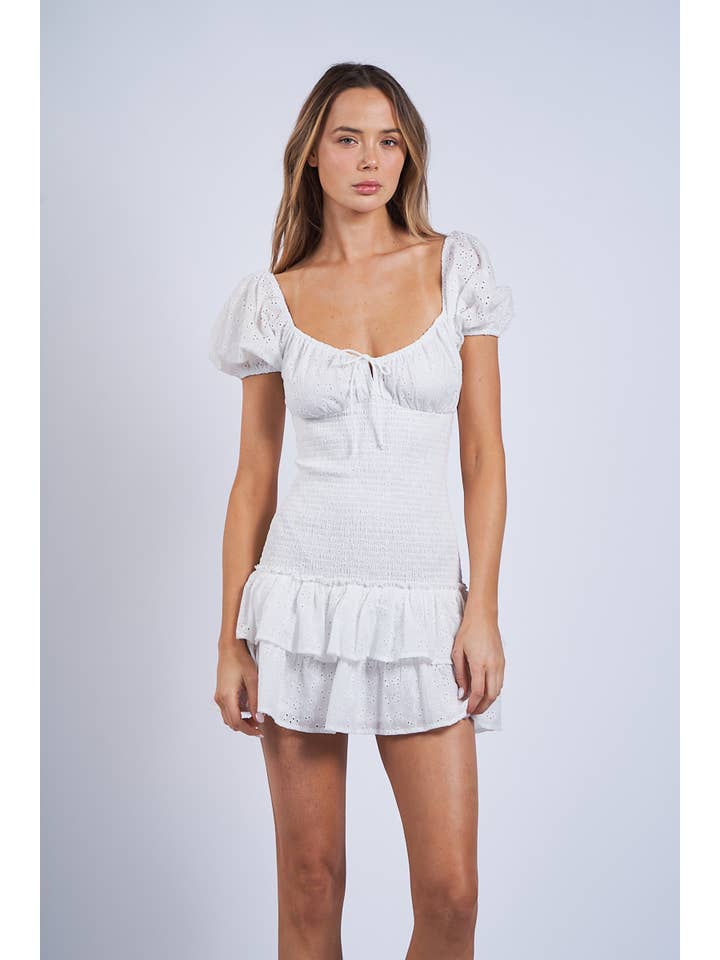 -WHITE EYELET PUFF SLEEVE RUFFLE LAYERED MINI DRESS for wholesale on Faire
