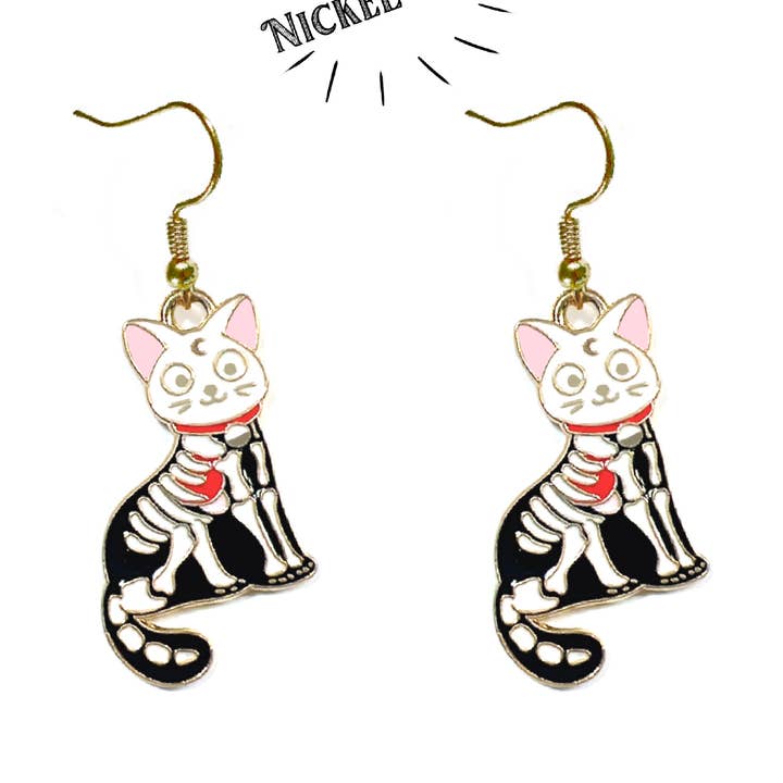 Cute Skeleton Cat Earrings for wholesale by Songbird Artistry