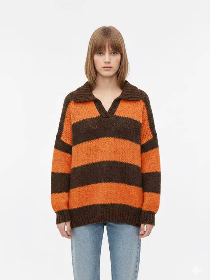 Camisola de riscas largas com colarinho por atacado de AMELÉ