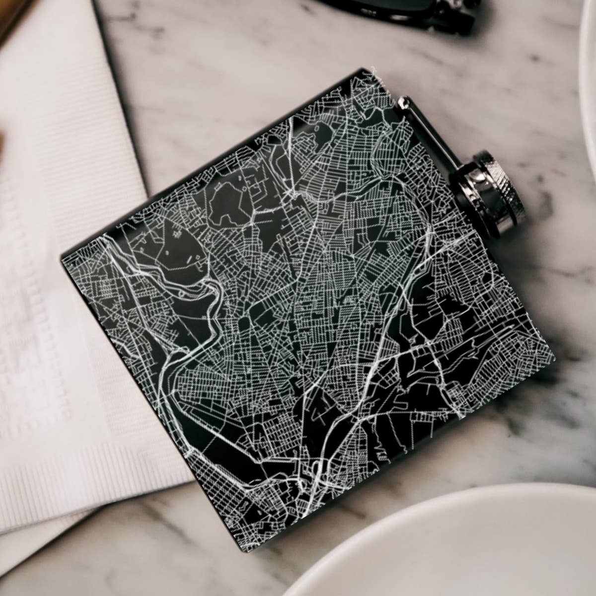 JACE.design - Wholesale Flask - Somerville MA Map Hip Flask in Matte Black0