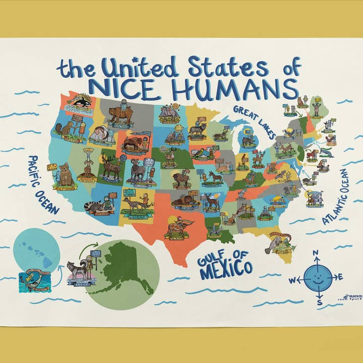 United States of Nice Humans Art Print –USA Map Illustration for wholesale by Block21Prints