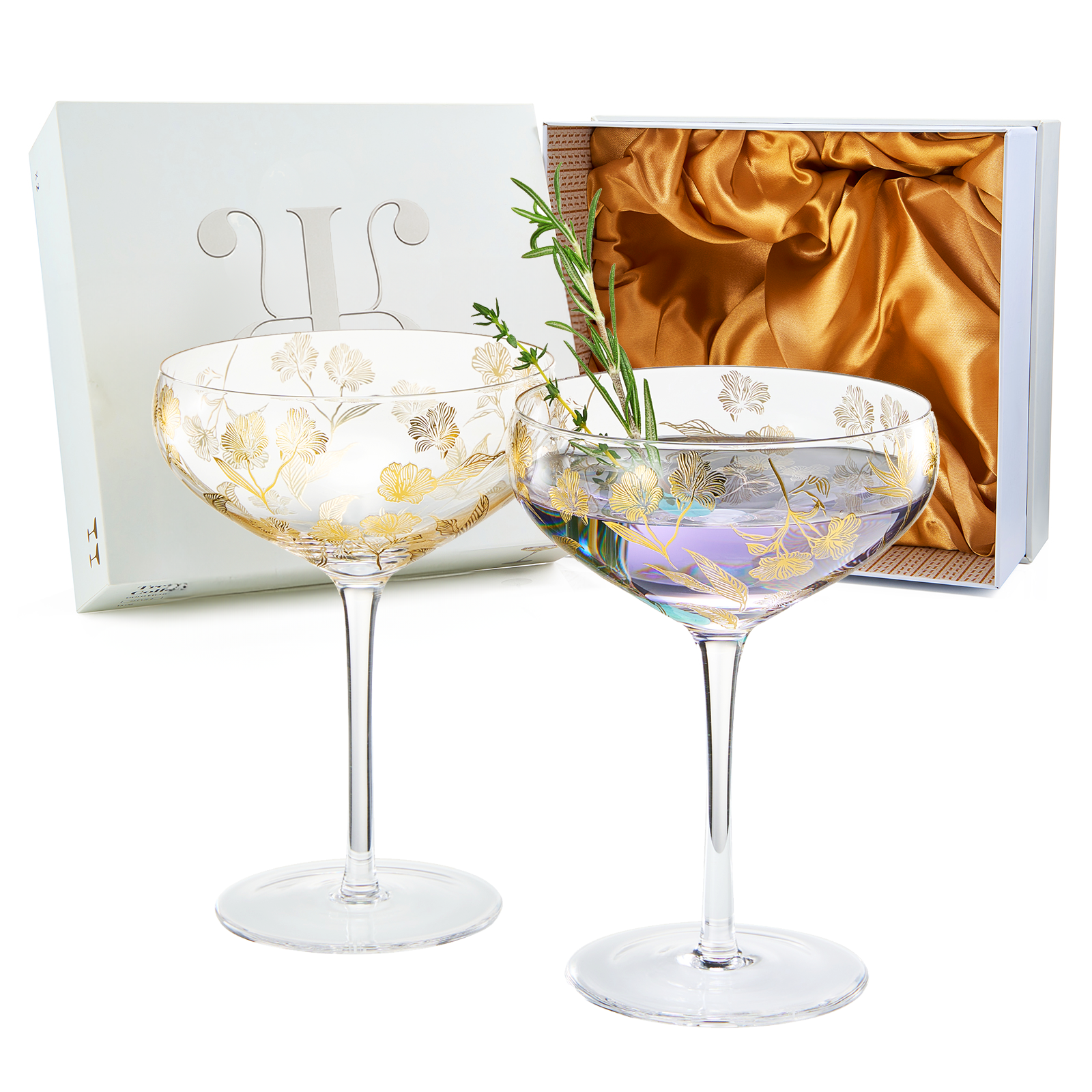 The Wine Savant /  Khen Glassware - Wholesale Cocktail/Liquor Glass - Khen Vintage Gold Floral Decal Champagne Coupe Set of 2 13oz0