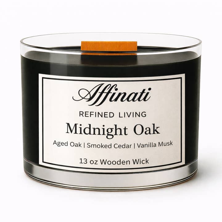 Mitternachtseiche Holzdochtkerze – Luxus 13 oz Soja-Mischung | Affinati für den Großhandel von Affinati