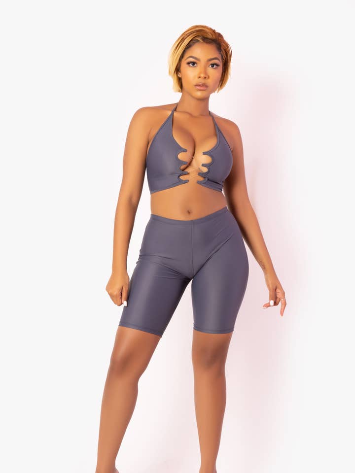 Smokey Grey Invisible Infinity Top w/ Biker Short Set for wholesale by Playsuit Apparel