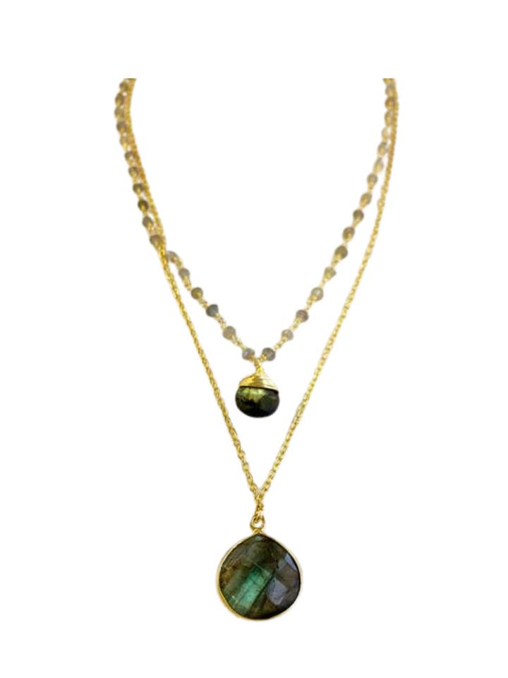 Collar Double Jill con cadena de labradorita dorada y colgante de labradorita para venta al por mayor de A Blonde and Her Bag