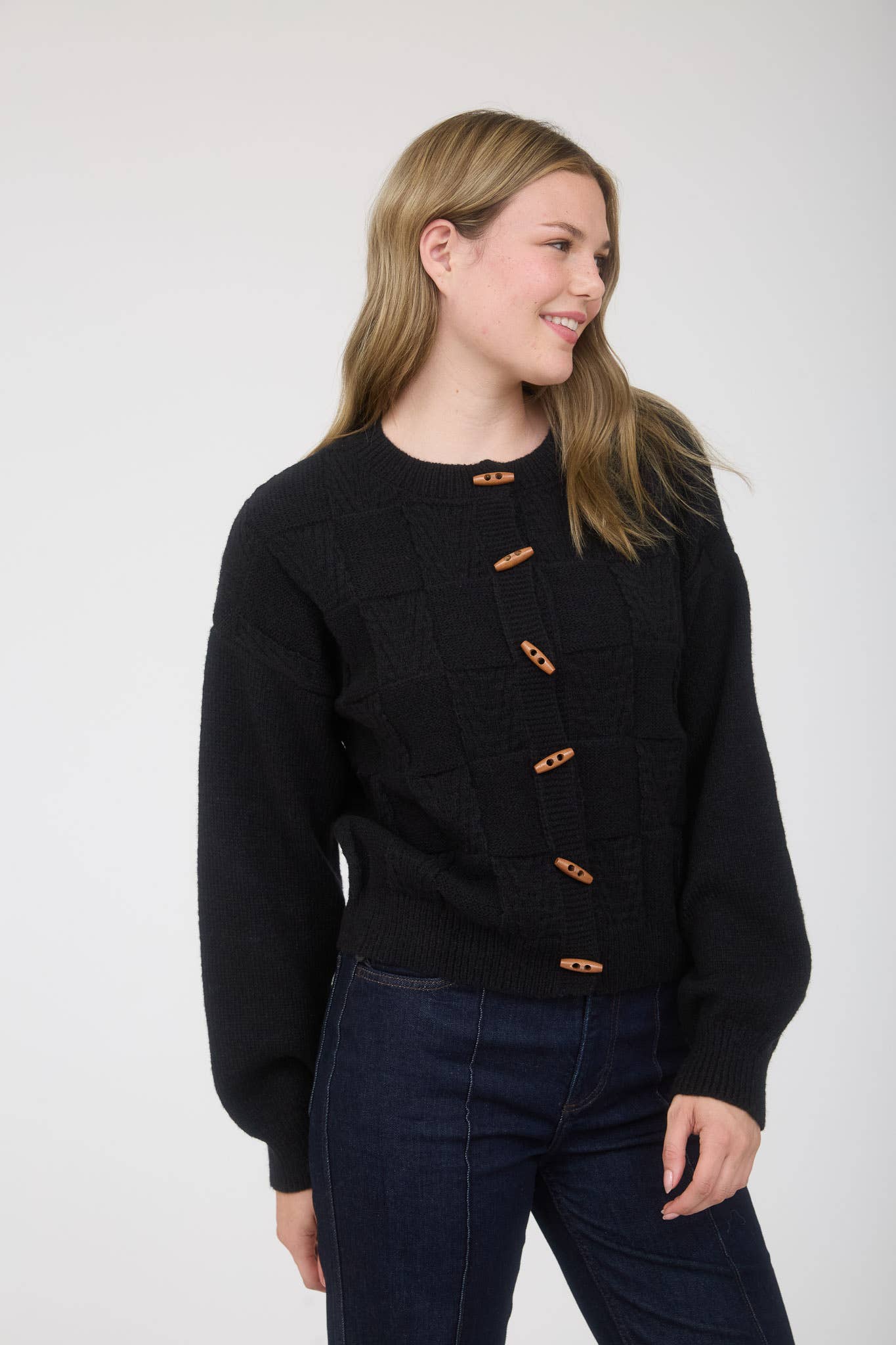 Blu Pepper - Wholesale Knit Sweater - Women's - CHECKERED TOGGLE BUTTON DOWN KNIT CARDIGAN14