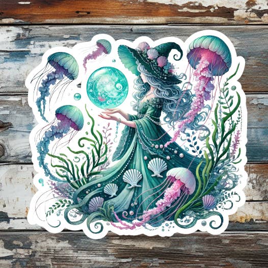 Sea Witch & Jellyfish Die Cut Vinyl Sticker for wholesale by Prairie Chicken Sticker Shop & Gifts