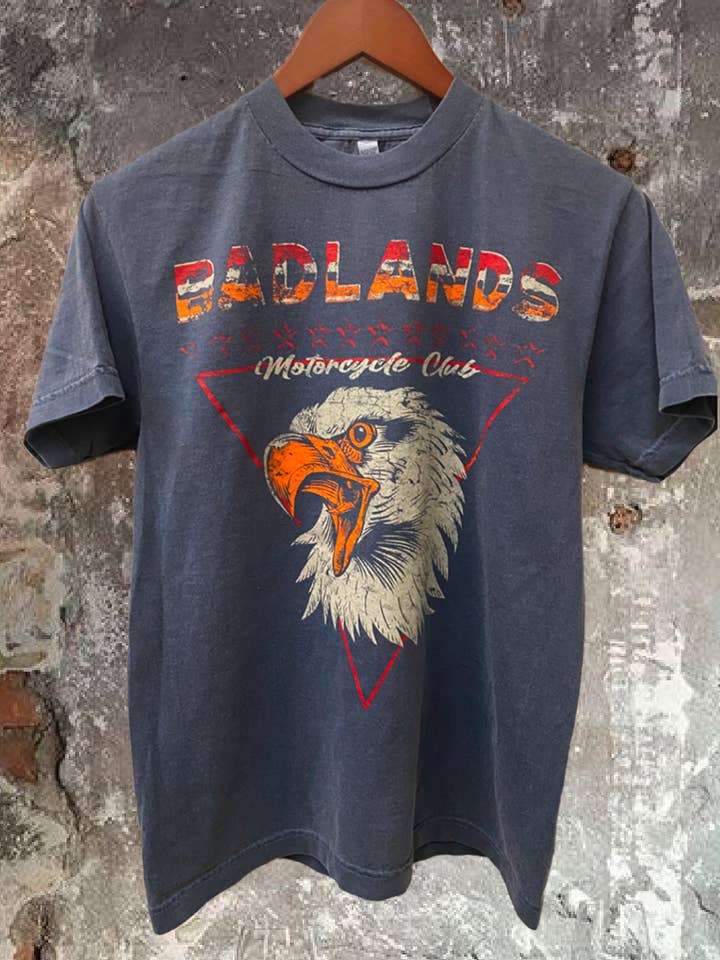 BadLands moto club Carded Cotton garment dyed Vintage T for wholesale by Country Deep Apparel