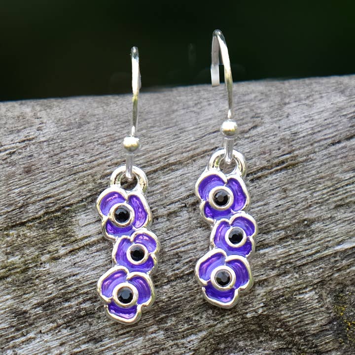 Poppy Purple Flower Drop Hook Earrings for wholesale by Alexander Thurlow & Co Ltd