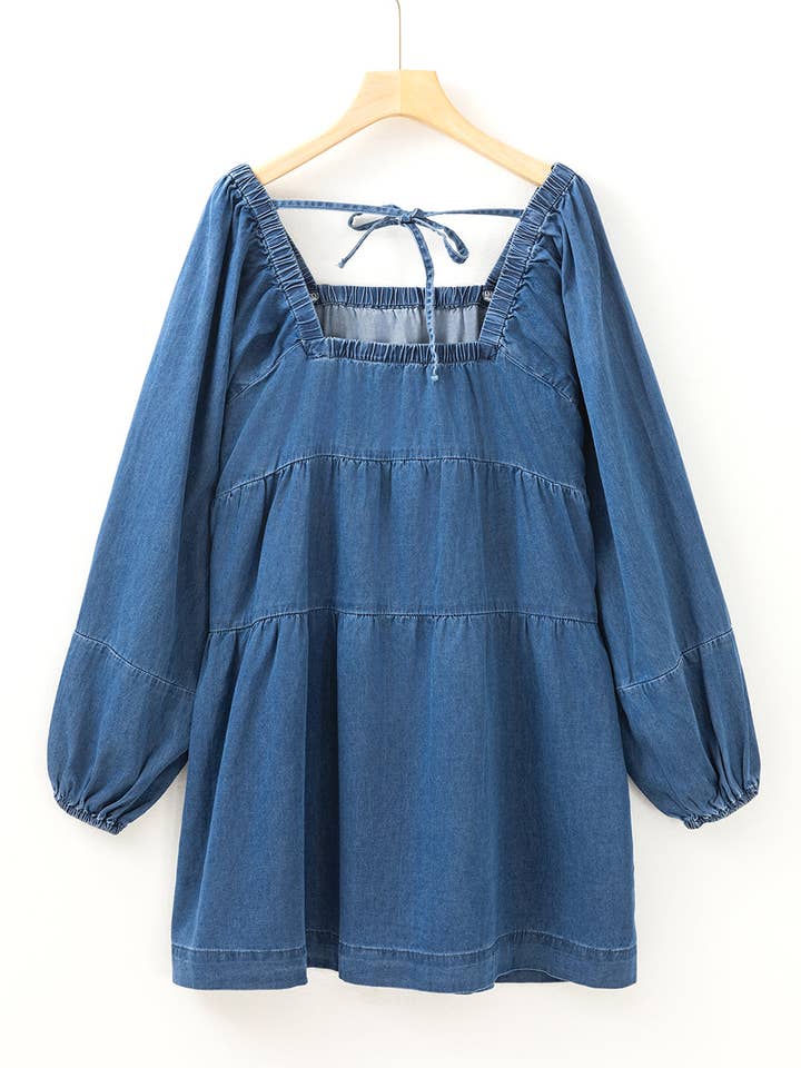 Dusk Blue Square Neck Denim Mini Dress with Side Pockets for wholesale on Faire19