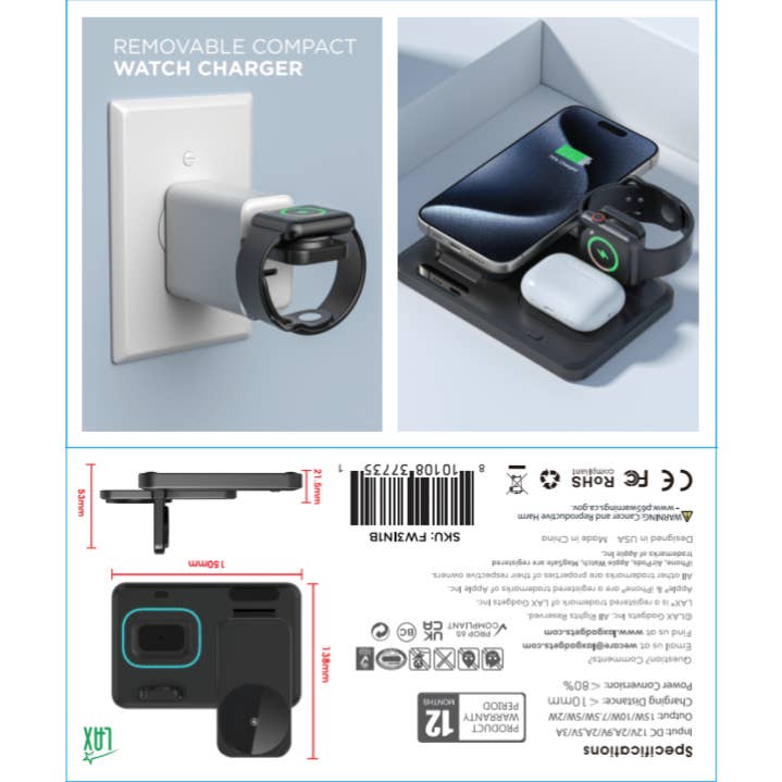 LAX Gadgets - Wholesale Charger - Flat Folding 3-in-1 Fast Wireless Charger -Retail Packaging28