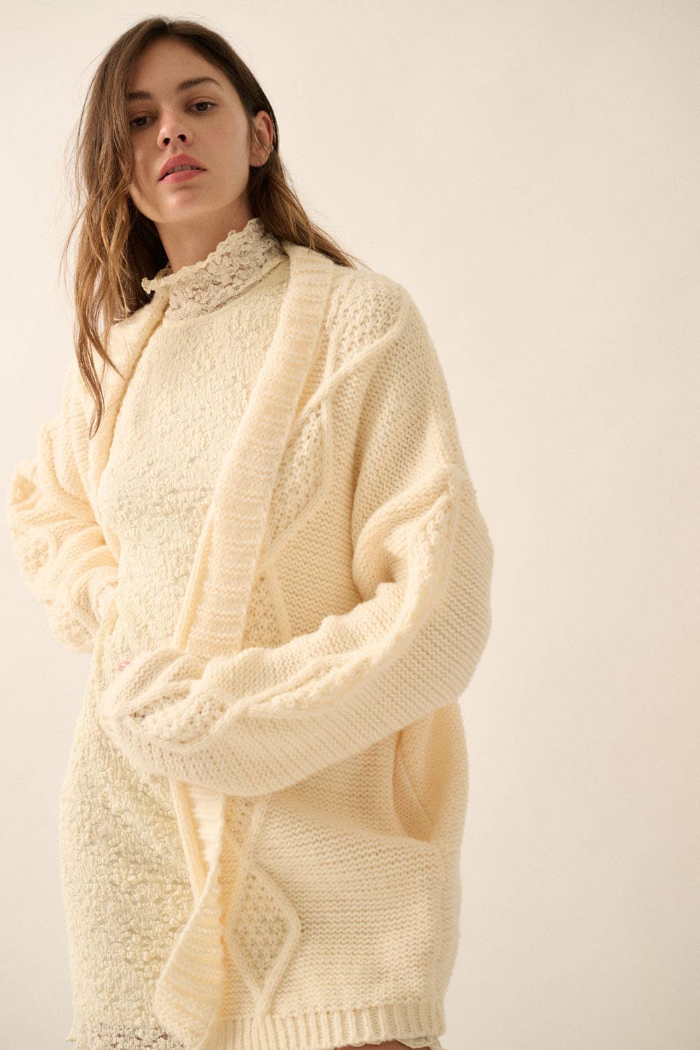 Promesa USA - Wholesale Cardigan - Women's - Oversize Cable Knit Open-Front Pocket Cardigan5