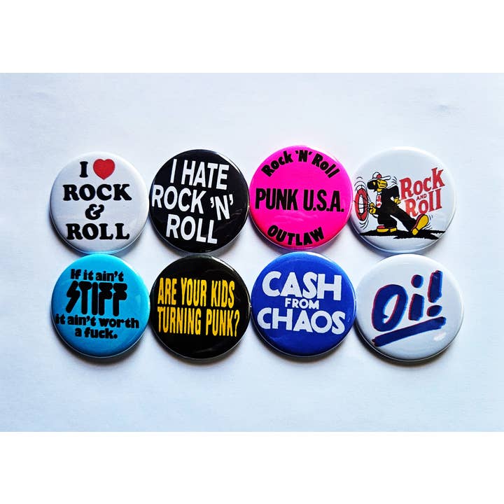 Punkrock n Roll-knappar, magneter och kapsylöppnare. Set 04 för wholesale av Flip The Record