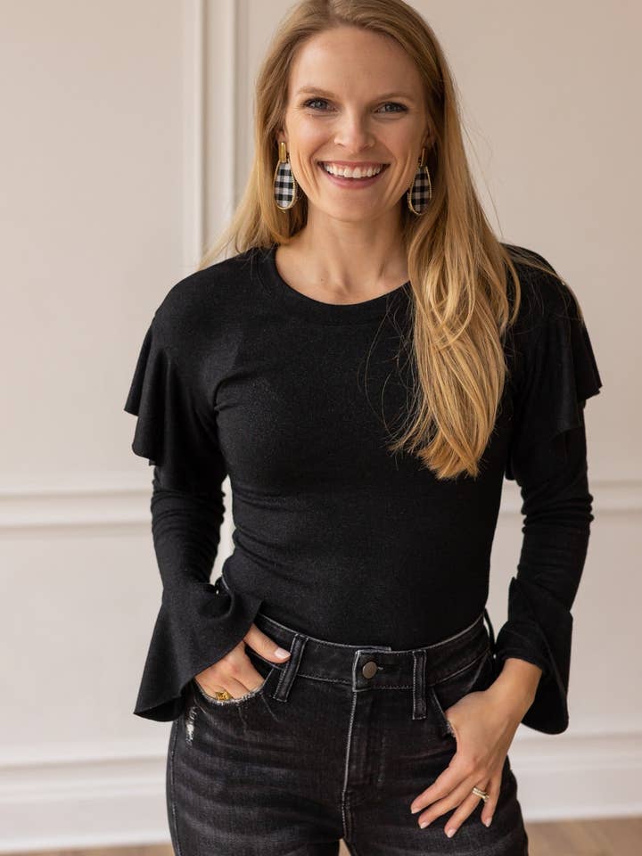 Black Shimmer Bodysuit with Ruffle Shoulder Sleeve for wholesale on Faire0