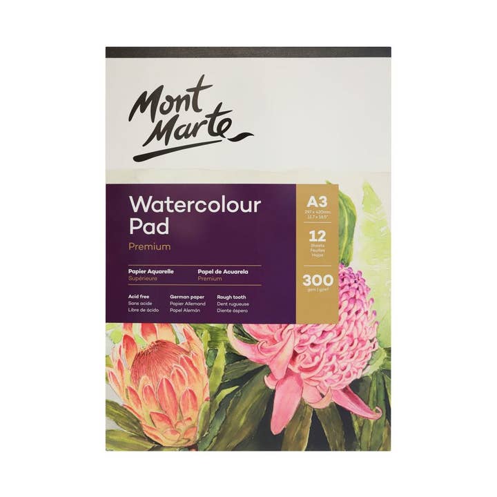 Watercolor Pad German Paper Premium A3 300gsm 12 Sheet for wholesale by Mont Marte Usa, Inc.