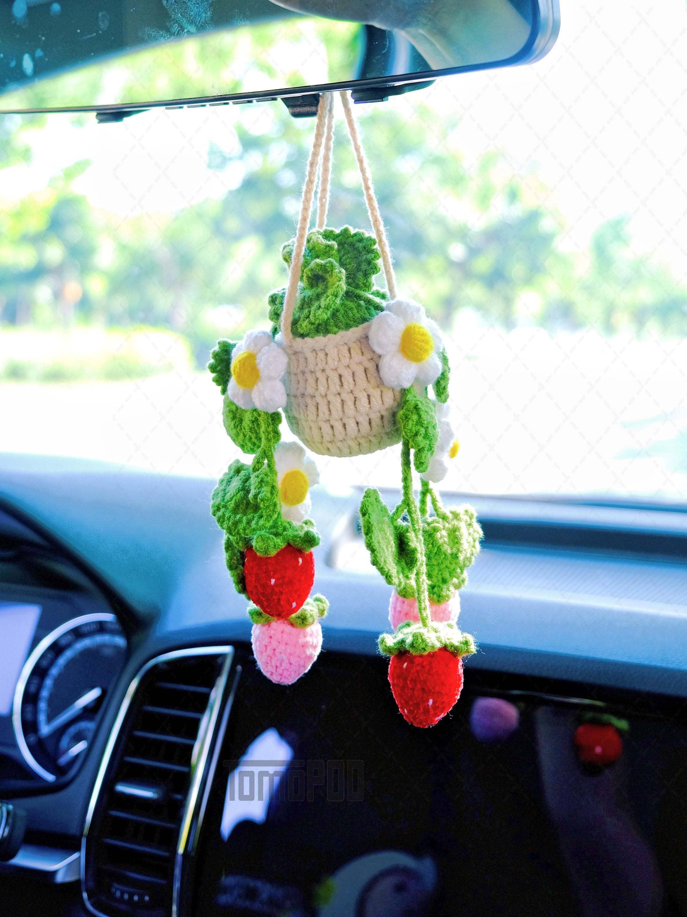 TOMOPOD LLC - Wholesale Car Decorative Charm - Unisex - Crochet Strawberry & Daisy Flower Car Mirror Hanging Plant1