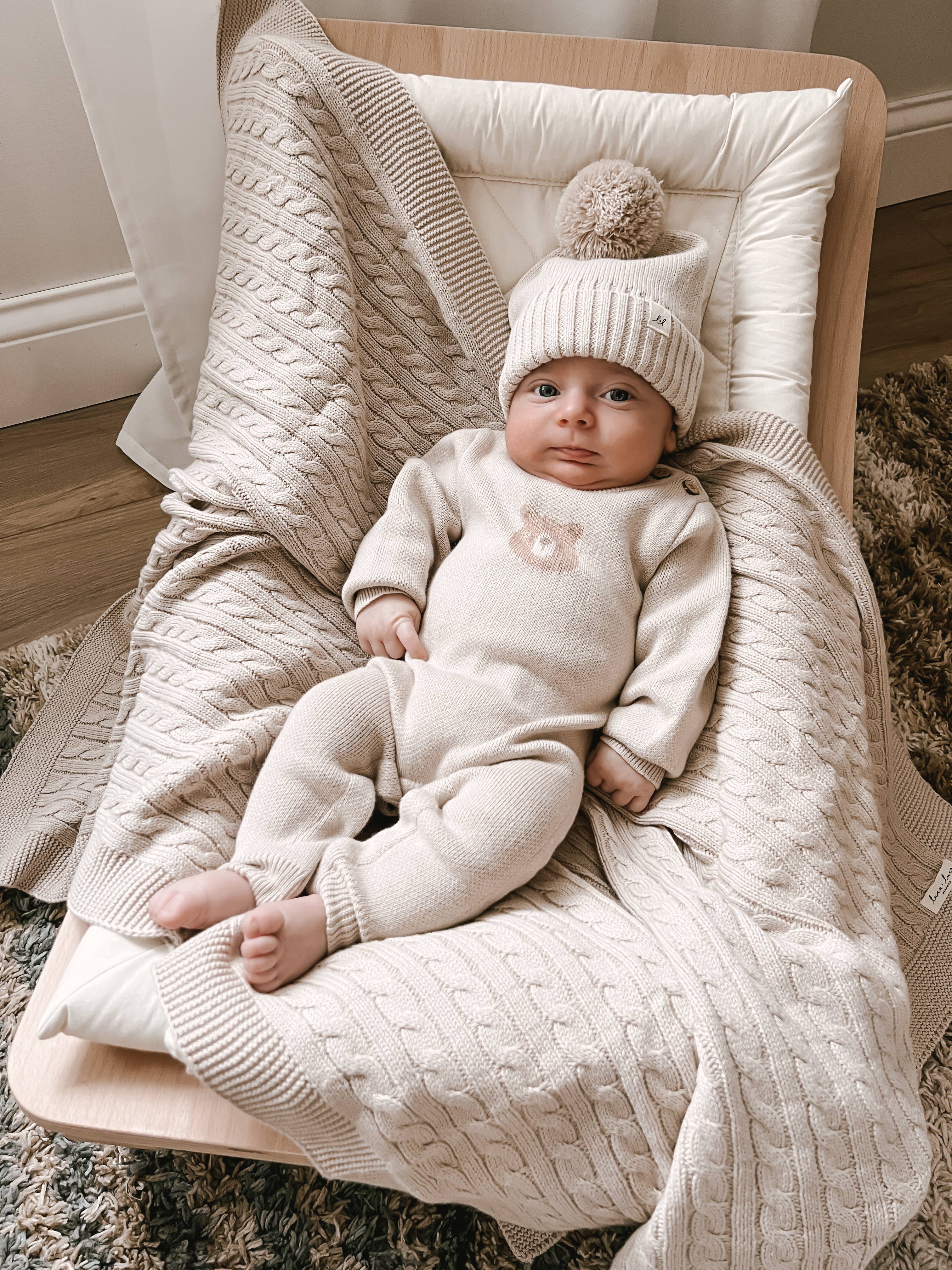 Luna + Luca Cable Knit Baby Blanket - Beige for wholesale on Faire1