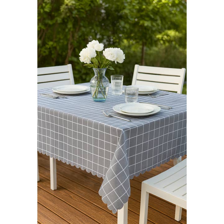 Grey-White Plaid Waterproof Scalloped Tablecloth for wholesale by Fennco Styles