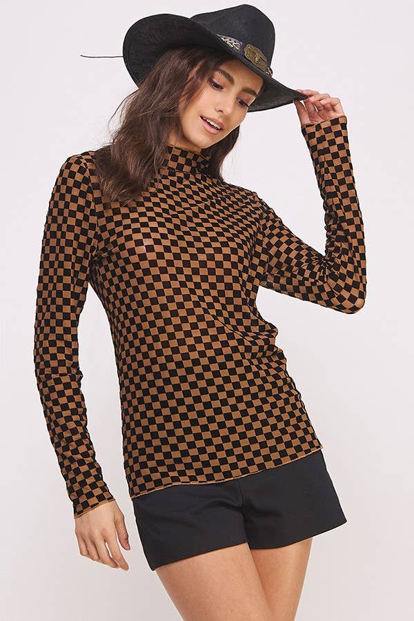 JADE BY JANE - Wholesale Knit Top - Women's - LONG SLEEVE CHECKERED MESH MOCK NECK TOP13