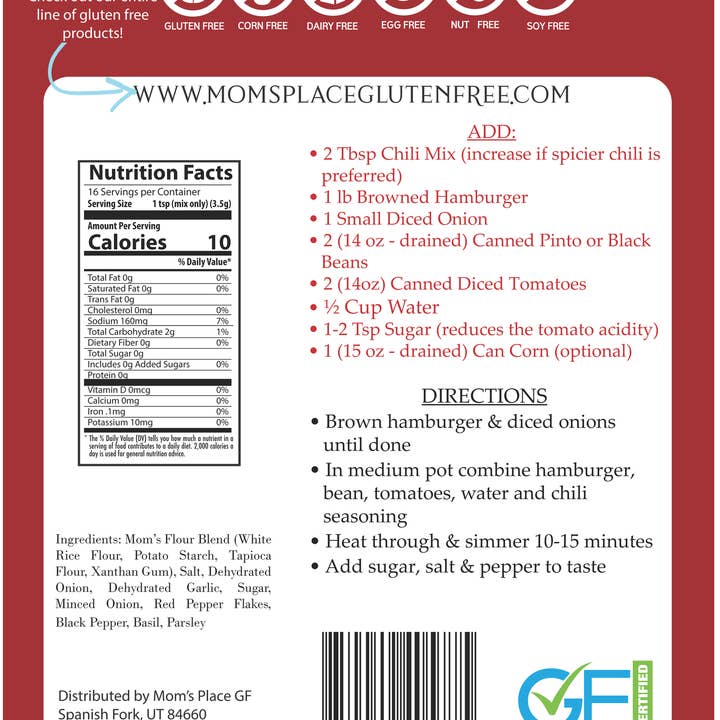 Mom's Place Gluten Free - Vente Mélanges d'épices séchées - Assaisonnement doux au chili sans gluten2