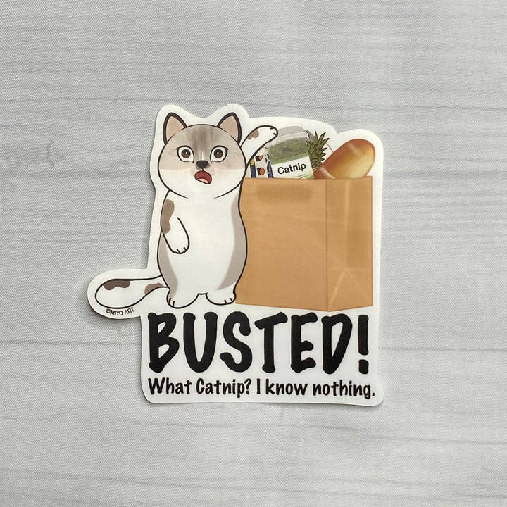 Ozzy Catnip Betrapt! Vinyl Sticker. voor wholesale door Miyo Art Design