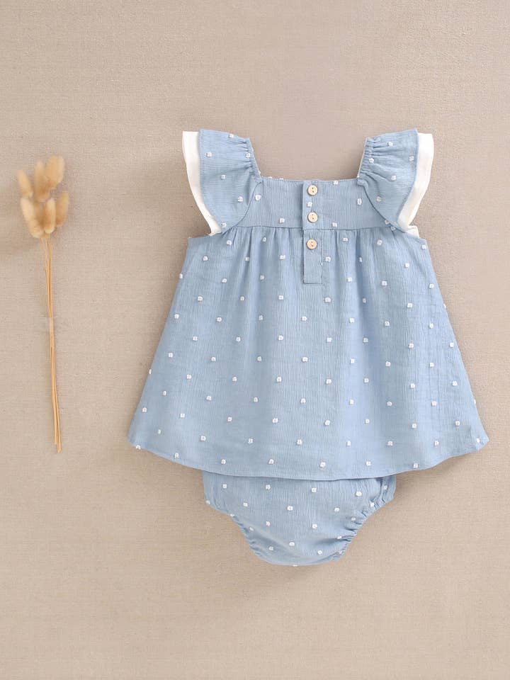 Dadati – wholesale Dress – Baby – Blue plumeti baby dress with white polka dots