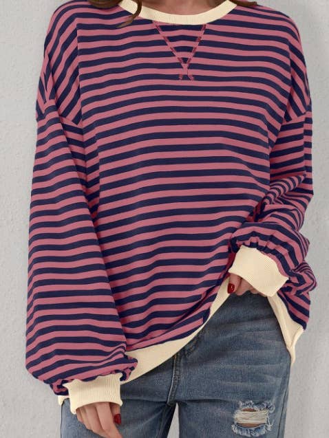 Lovesoft - Wholesale Sweatshirt - Women's - Stripe Oversized Contrast Trim Pullover Sweatshirt12