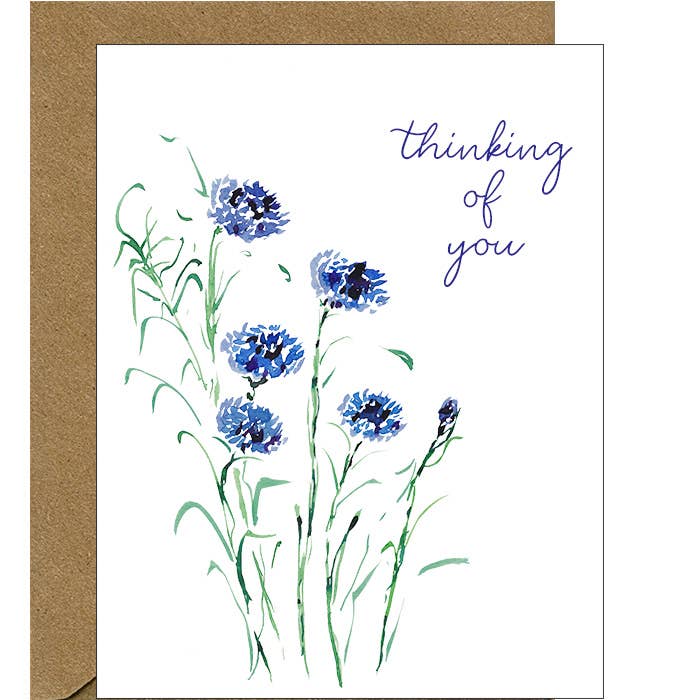 Watercolor Blue Cornflower Thinking of You Note Card for wholesale by Pink Bathtub Designs