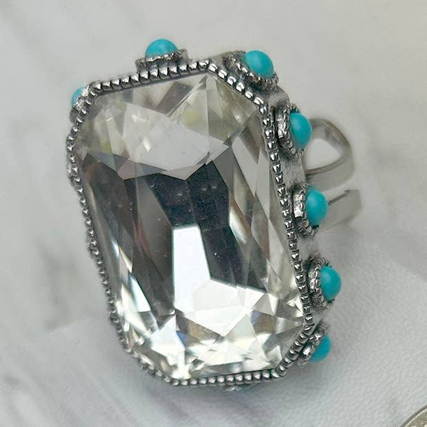 Western Elite Jewelry - Wholesale Cocktail/Statement Ring - RGY241130-02-CLEAR                        Silver metal with clear crystal and blue turquoise stone beads Ring7