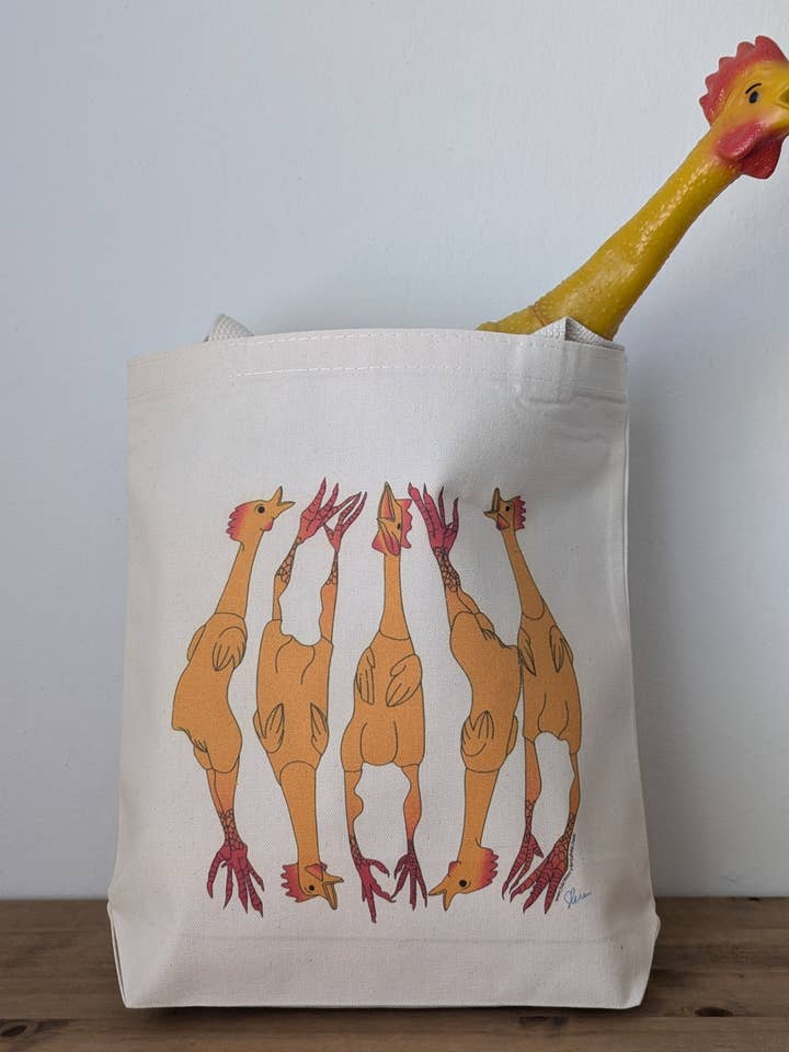 Rubber Chickens tote bag for wholesale by Harmony Art Shop