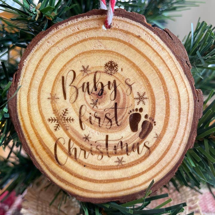 Wood Ornament Baby's First Christmas for wholesale by Engroovy Laser