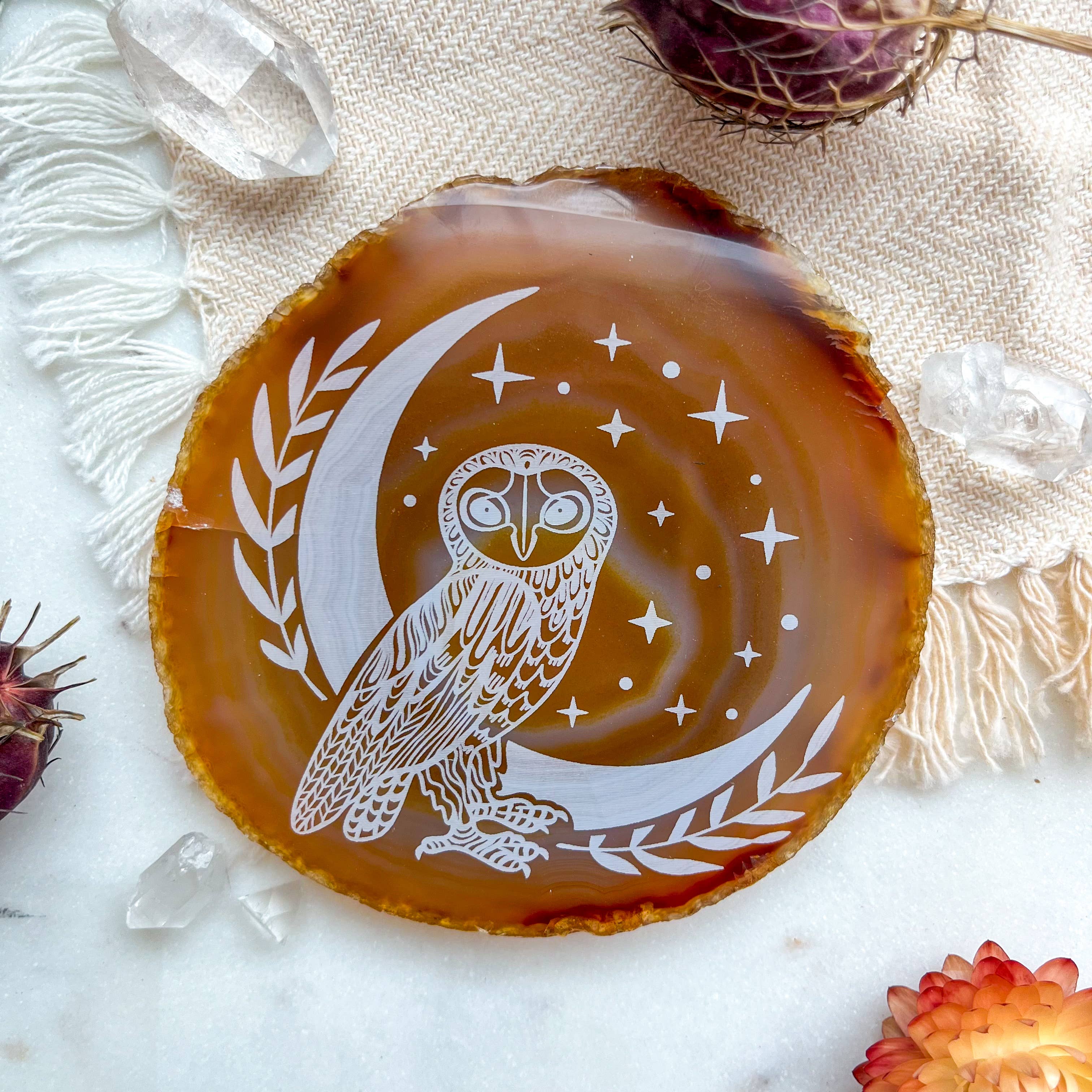Fractalista Designs - Wholesale Spiritual Stone/Crystal - "Owl" Halloween Decor Engraved Agate Slice Gemstone Crystal