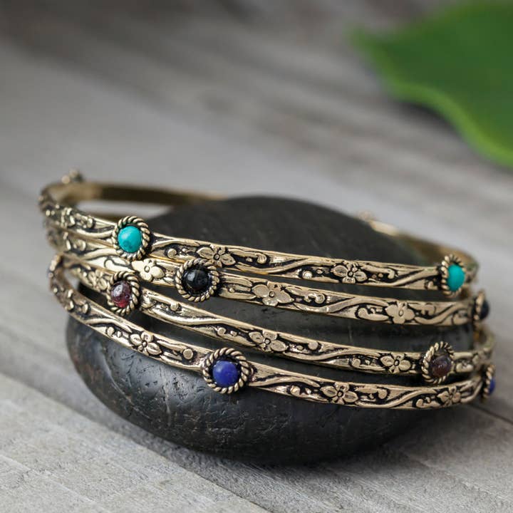 Baizaar - Wholesale Cuff Bracelet - Decorated Brass Bangle Featuring Four Stones