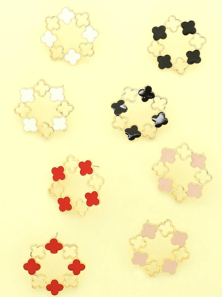Colored Epoxy Quatrefoil Clover Wreath Post Earrings for wholesale by SP Sophia Collection