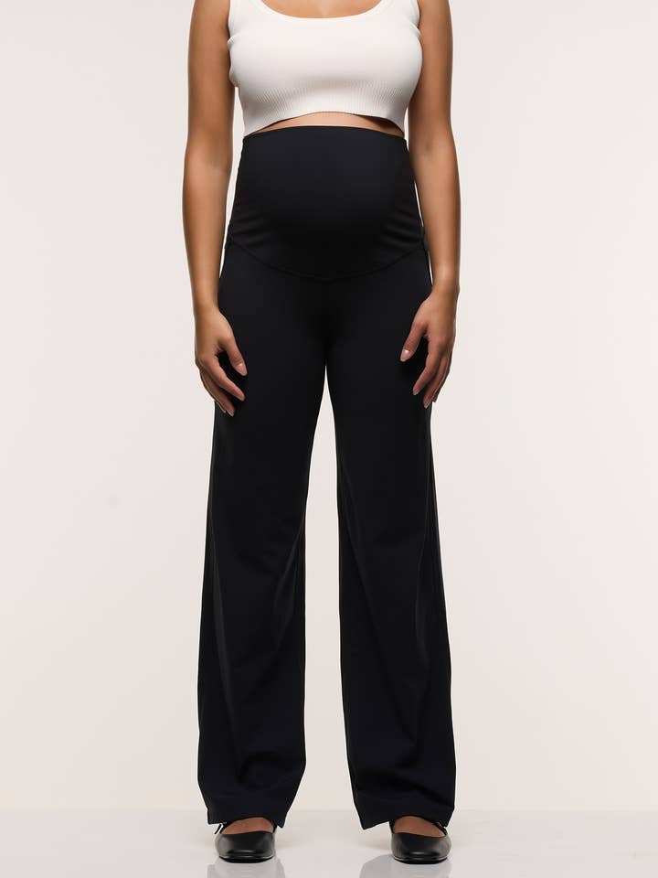 Black Wide Leg Overbelly Maternity Leggings for wholesale on Faire0