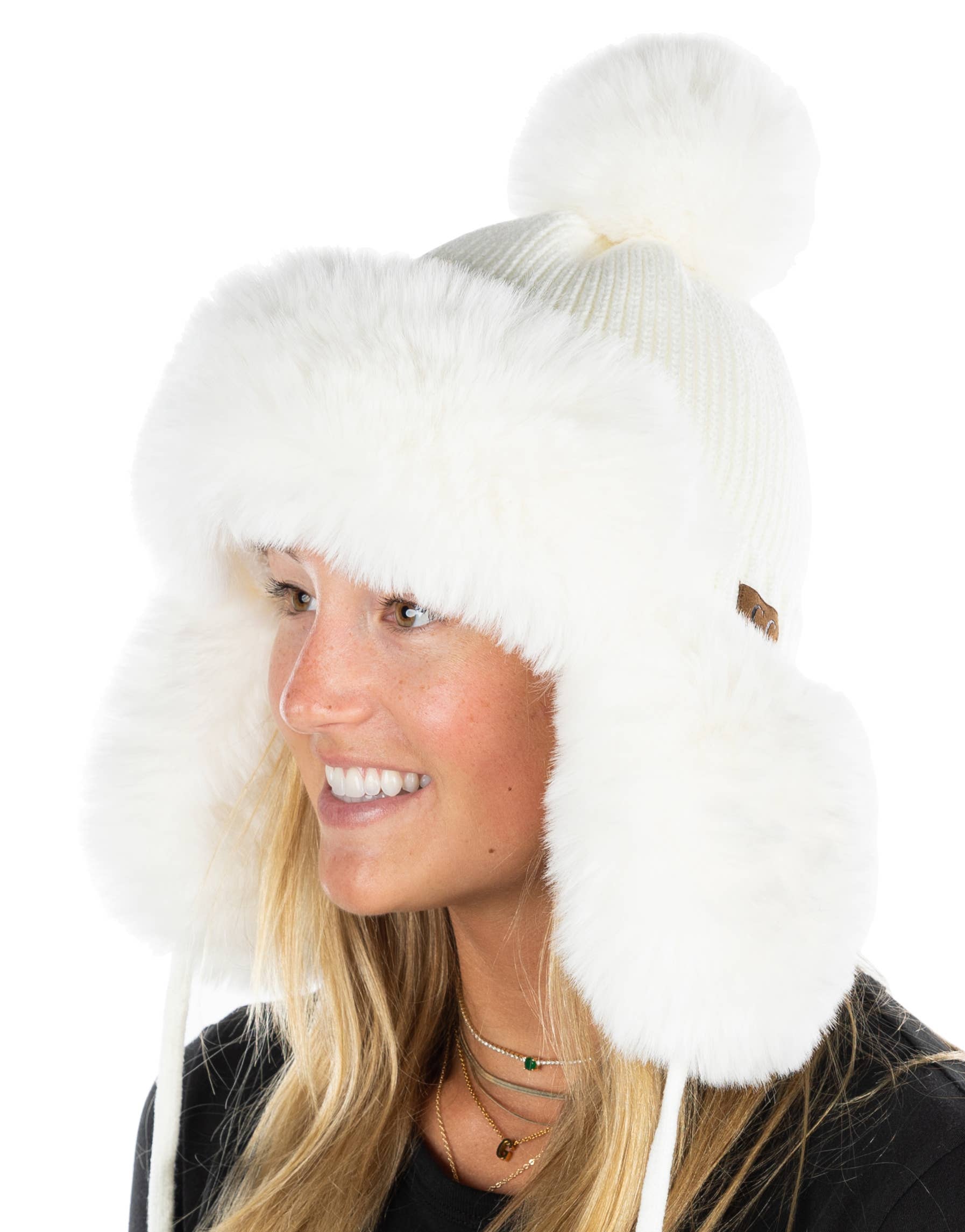 Funky Junque - Wholesale Trapper/Bomber Hat - Women's - Fluffy Knit Trapper Faux Fur Pom Hat - Ivory