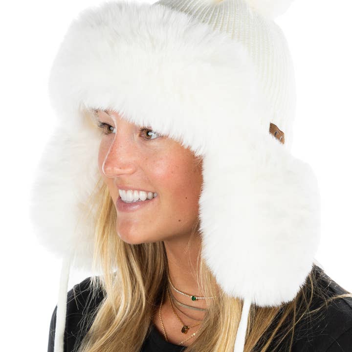 Funky Junque - Wholesale Trapper/Bomber Hat - Women's - Fluffy Knit Trapper Faux Fur Pom Hat - Ivory0