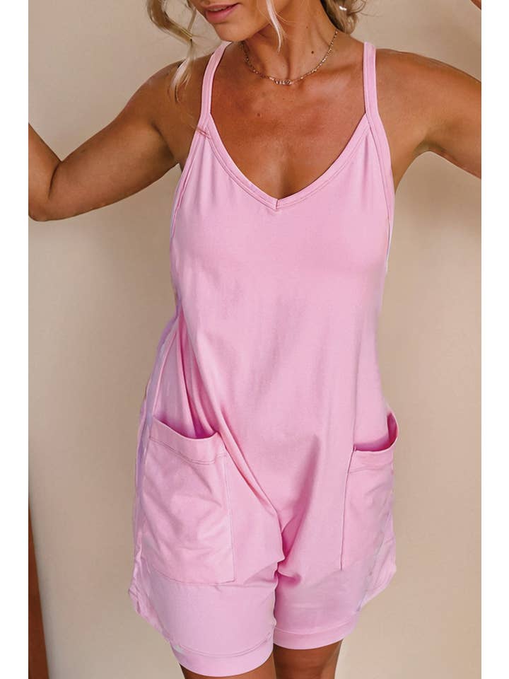 Pink Women Spaghetti Straps V Neck Jersey Romper | S-XL for wholesale on Faire