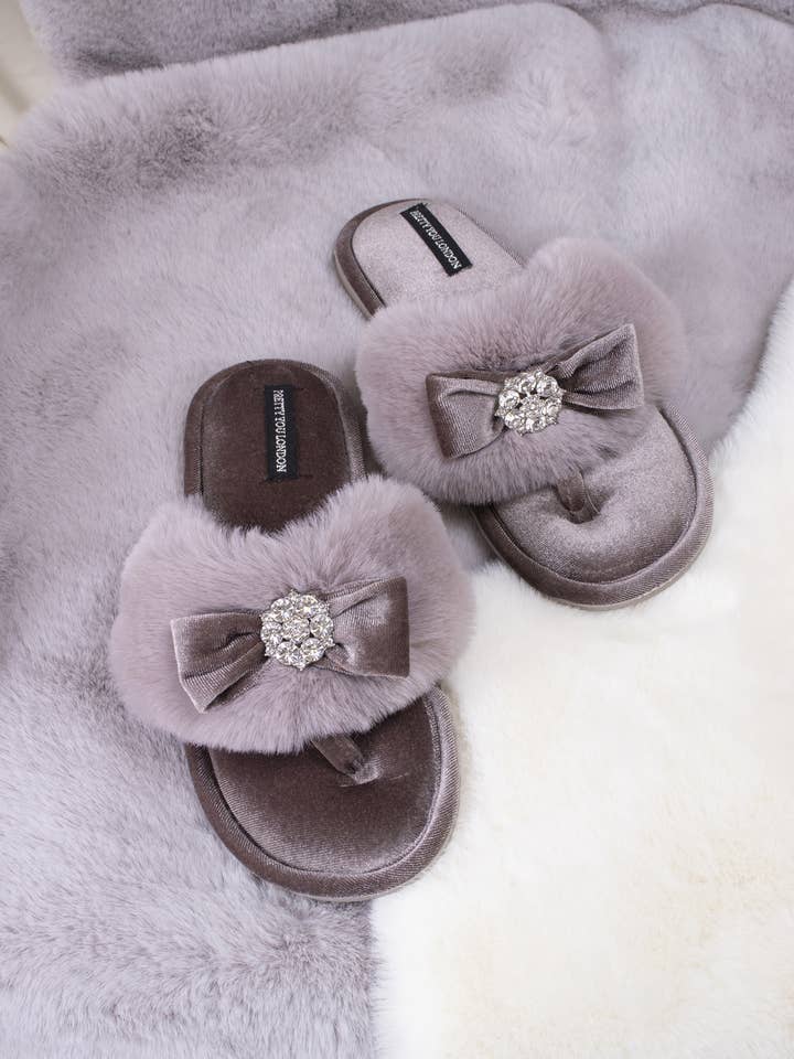 Amelie Embellished Toe Post Slippers in Mink for wholesale on Faire