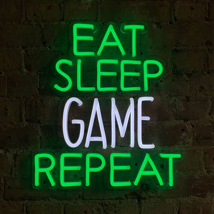 Eat Sleep Game Repeat' Green & White Neon LED Wall Sign for wholesale on Faire4