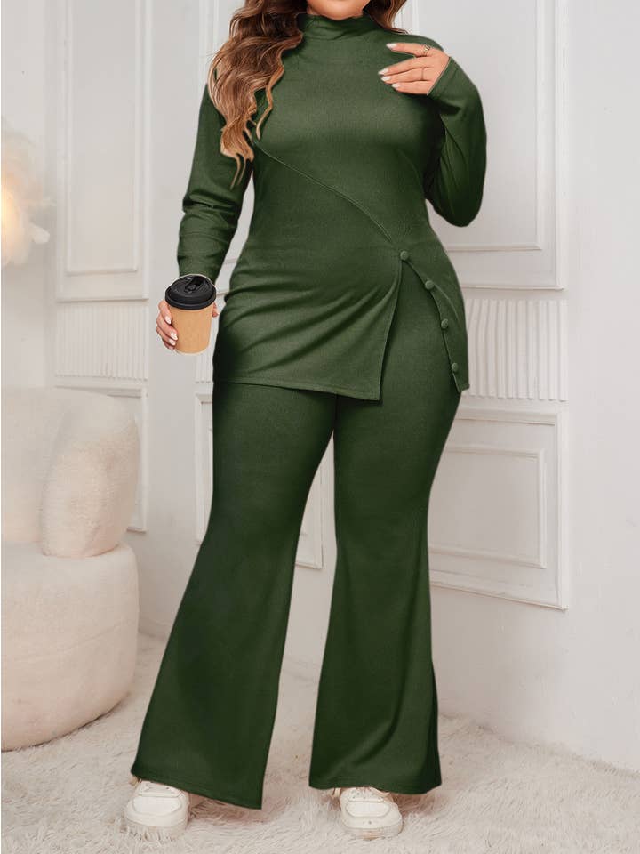 Wholesalesir - Wholesale Top & Pant Set (NOT Loungewear) - Women's - Long Sleeved High Neck Slit Top And Micro Flared Pants Set