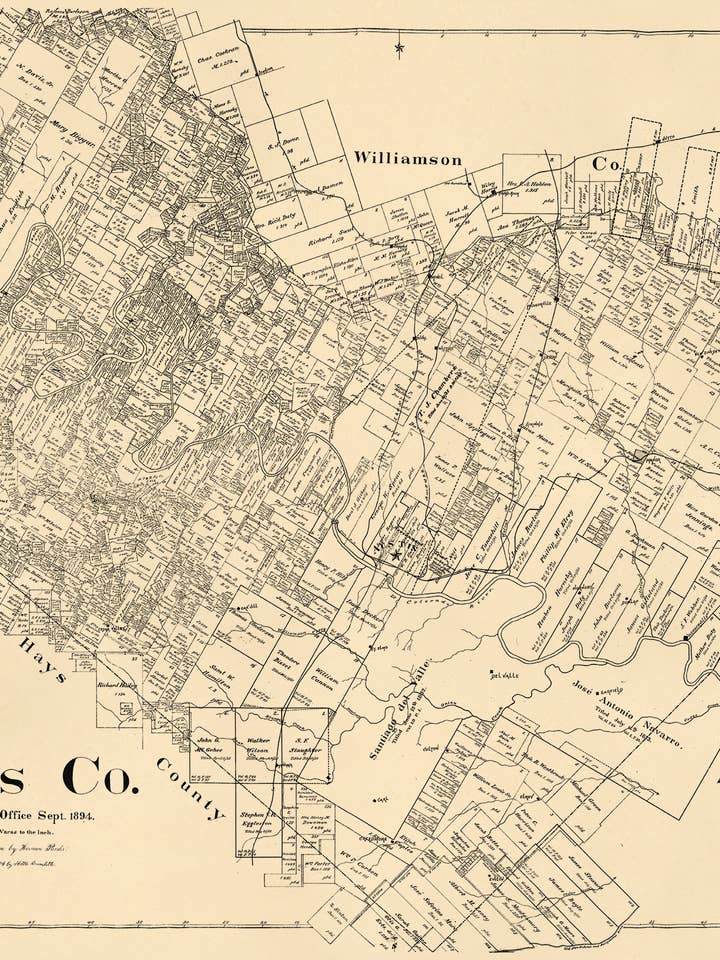Travis County, Texas in 1894 voor wholesale door Relic Map Co.