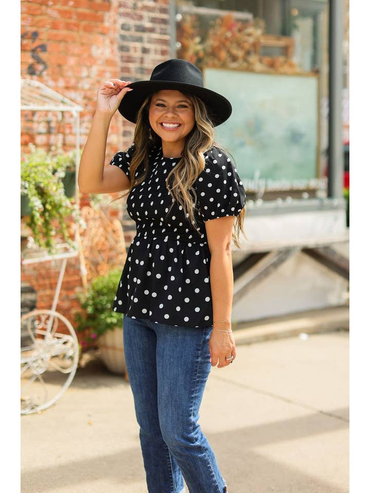 Black Polka Dot Smocked Blouse for wholesale on Faire