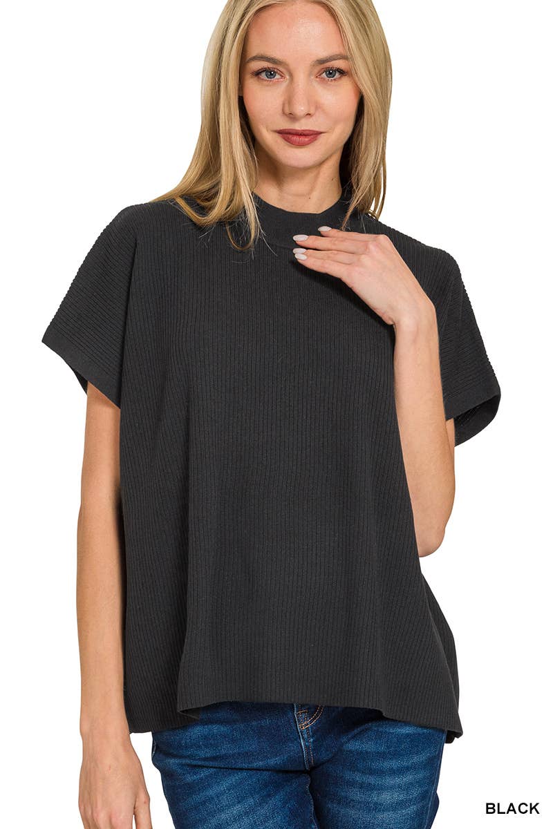 Vanilla Monkey - Wholesale Knit Sweater - Women's - Viscose Mock Neck Short Sleeve Boxy Sweater0